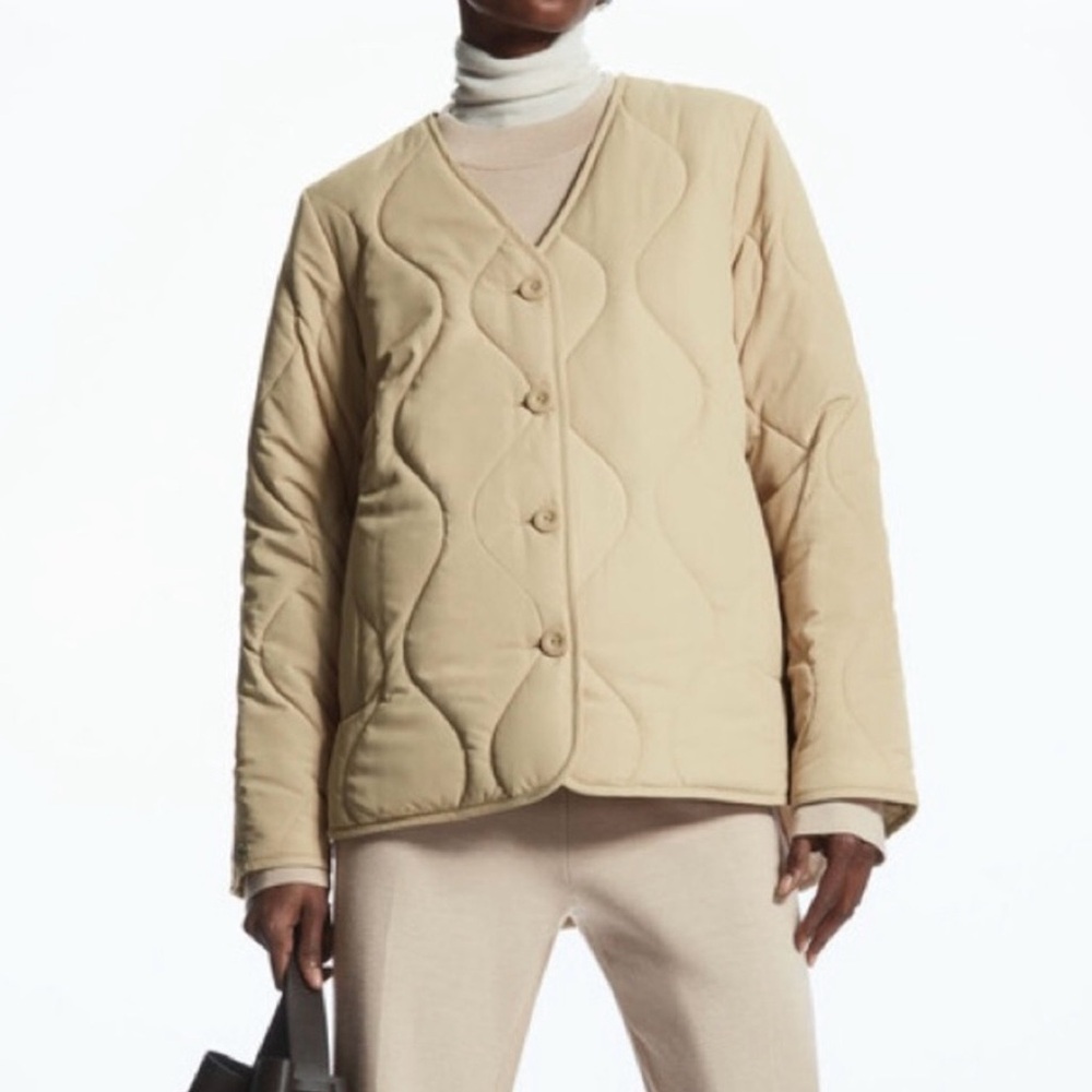 COS XS Quilted Long Sleeve Button Front Tan Puffer Jacket